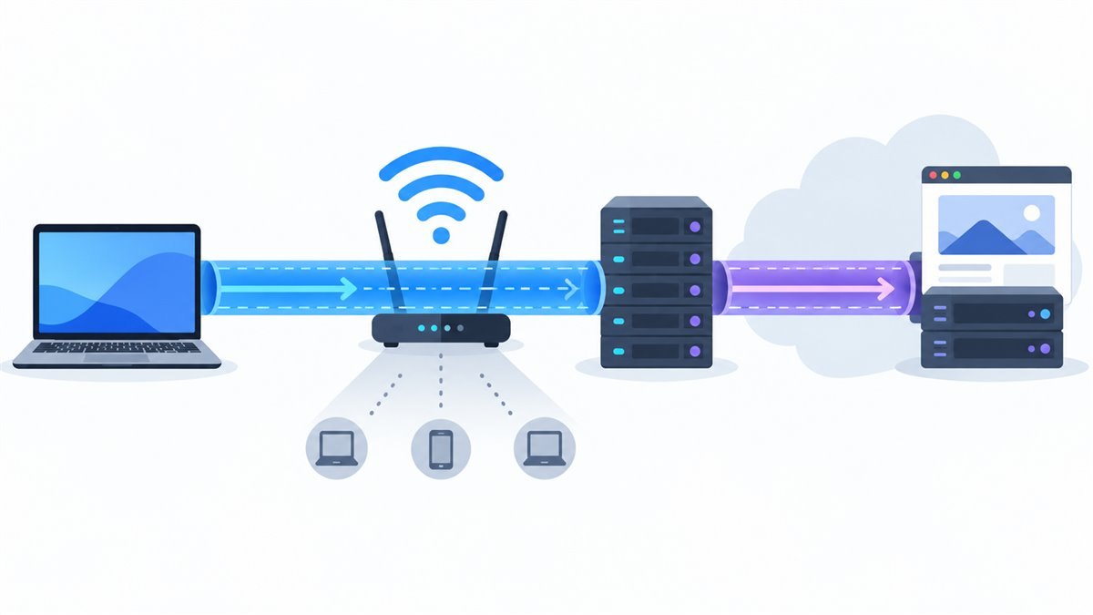 Schéma du trajet des données entre un ordinateur, un Wi-Fi public, un serveur VPN et un site HTTPS