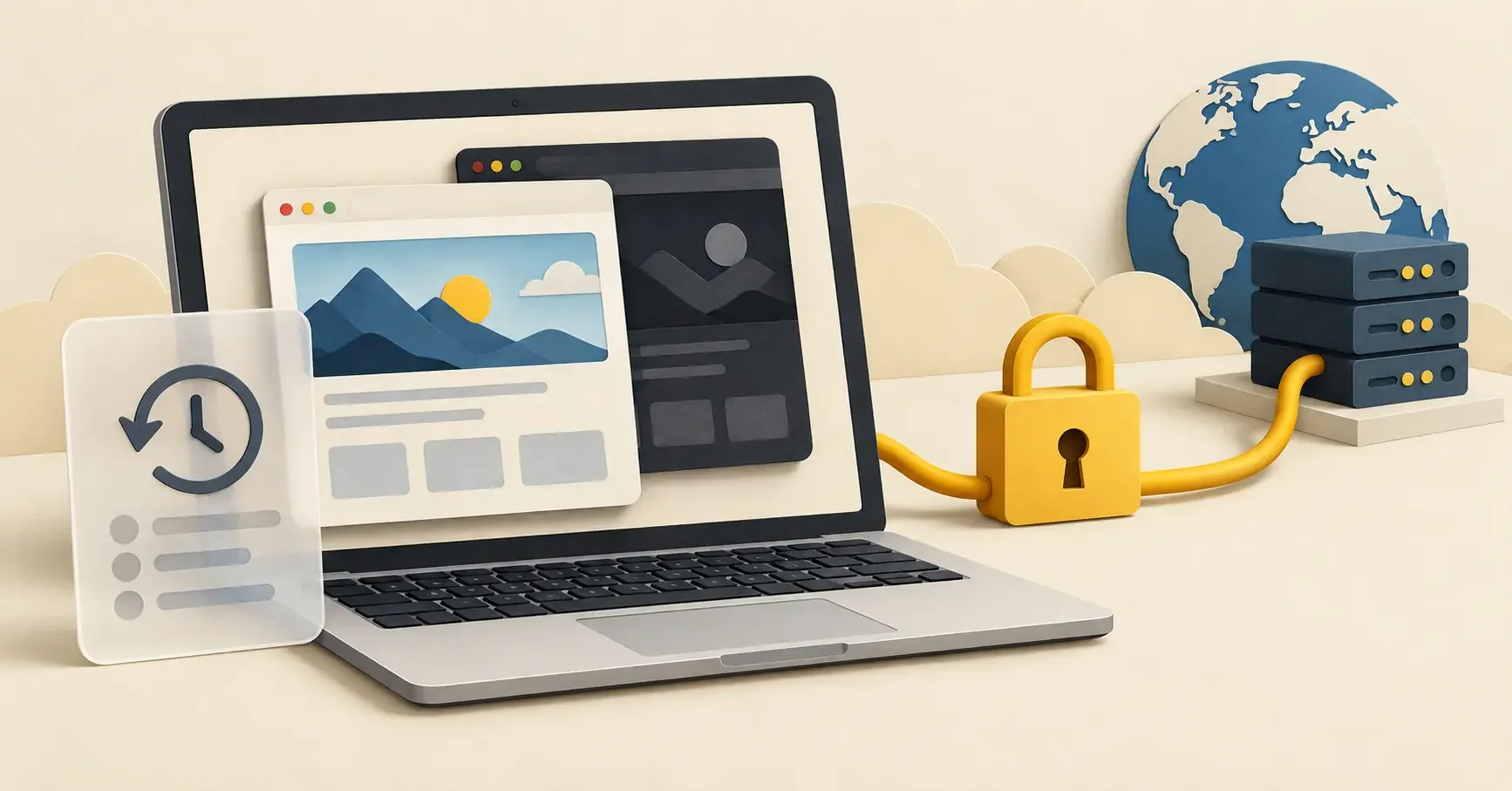 Laptop mit Browserfenstern und einer Verlaufsanzeige neben einer durch ein Schloss dargestellten Verbindung zu einem Server.