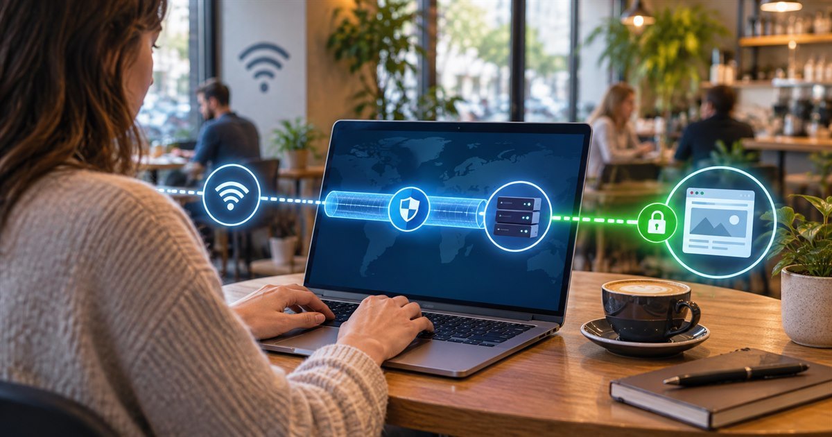 Ordinateur connecté au Wi-Fi d’un café avec un cadenas HTTPS et un tunnel VPN illustrés