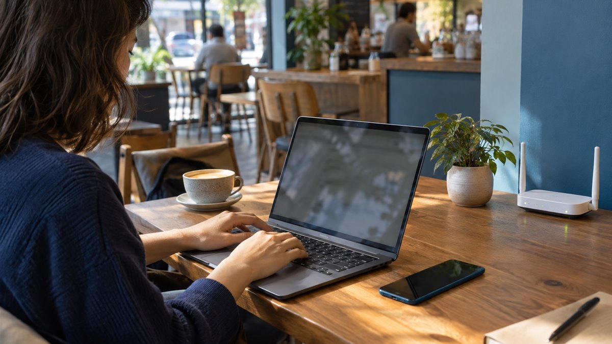 Personne utilisant un ordinateur portable et un téléphone dans un café équipé d’un Wi-Fi public