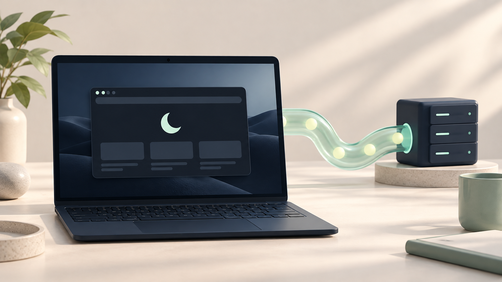 Illustrazione di un portatile con finestra privata e un server collegati da un tubo trasparente