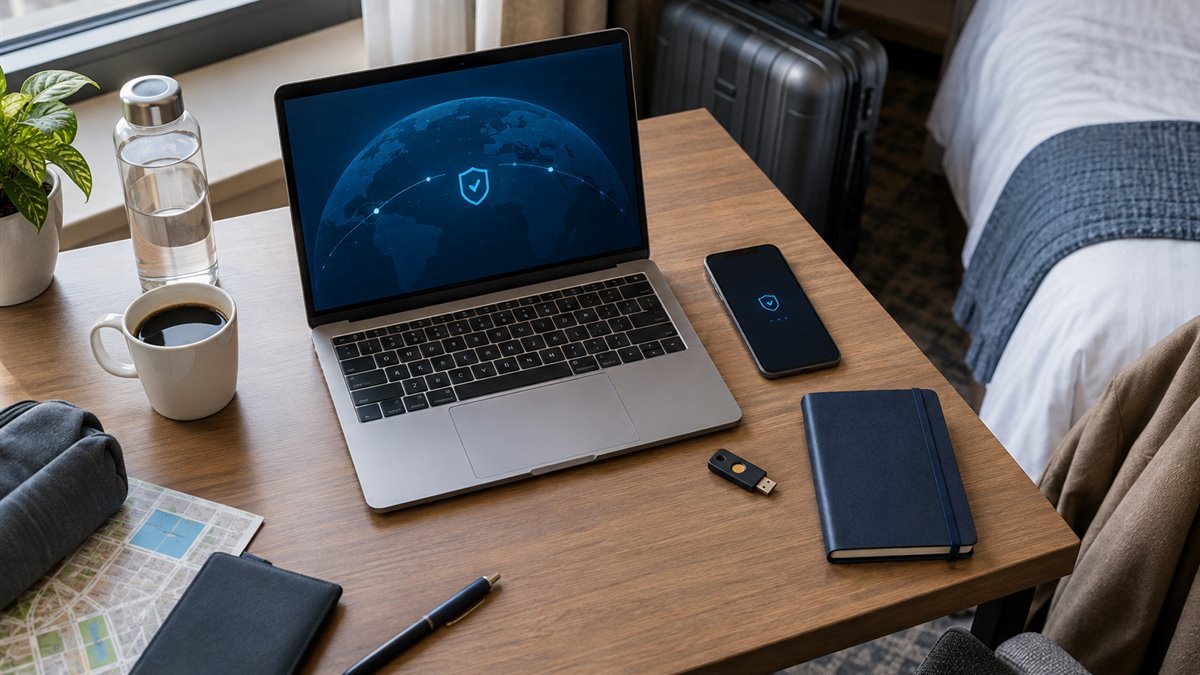 Ordinateur et téléphone préparés pour une connexion sécurisée dans une chambre d’hôtel