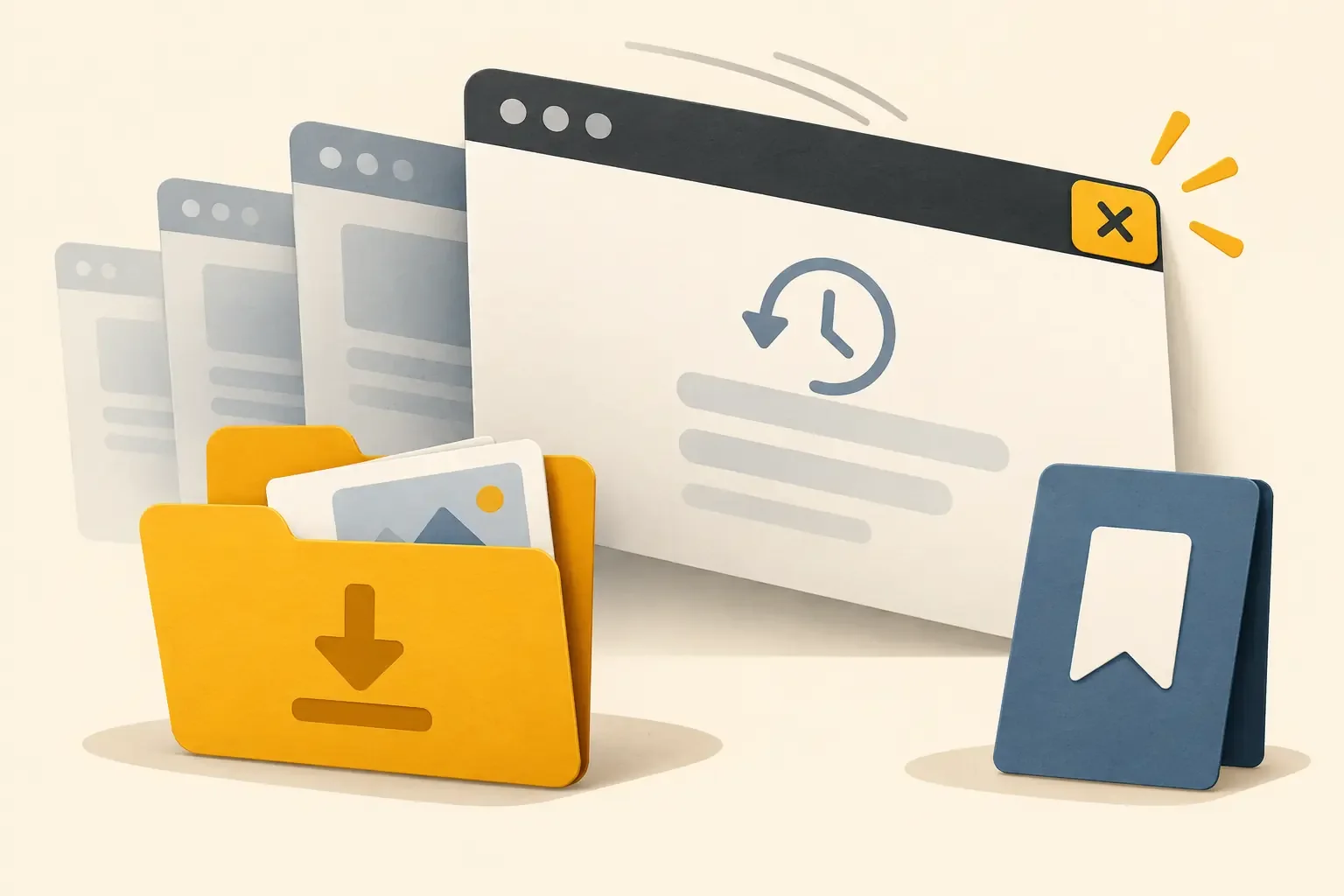 Browserfenster mit Schließen-Symbol neben einem Downloadordner und einem Lesezeichen.