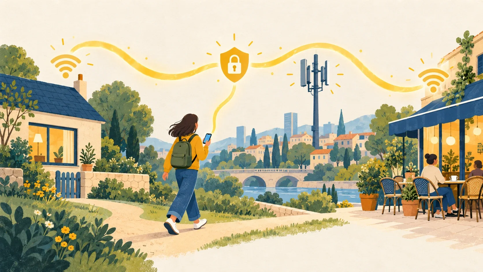 O femeie merge de acasă spre terasa unei cafenele, cu telefonul în mână, sub o panglică luminoasă care leagă Wi-Fi-ul, o antenă GSM și un lacăt.